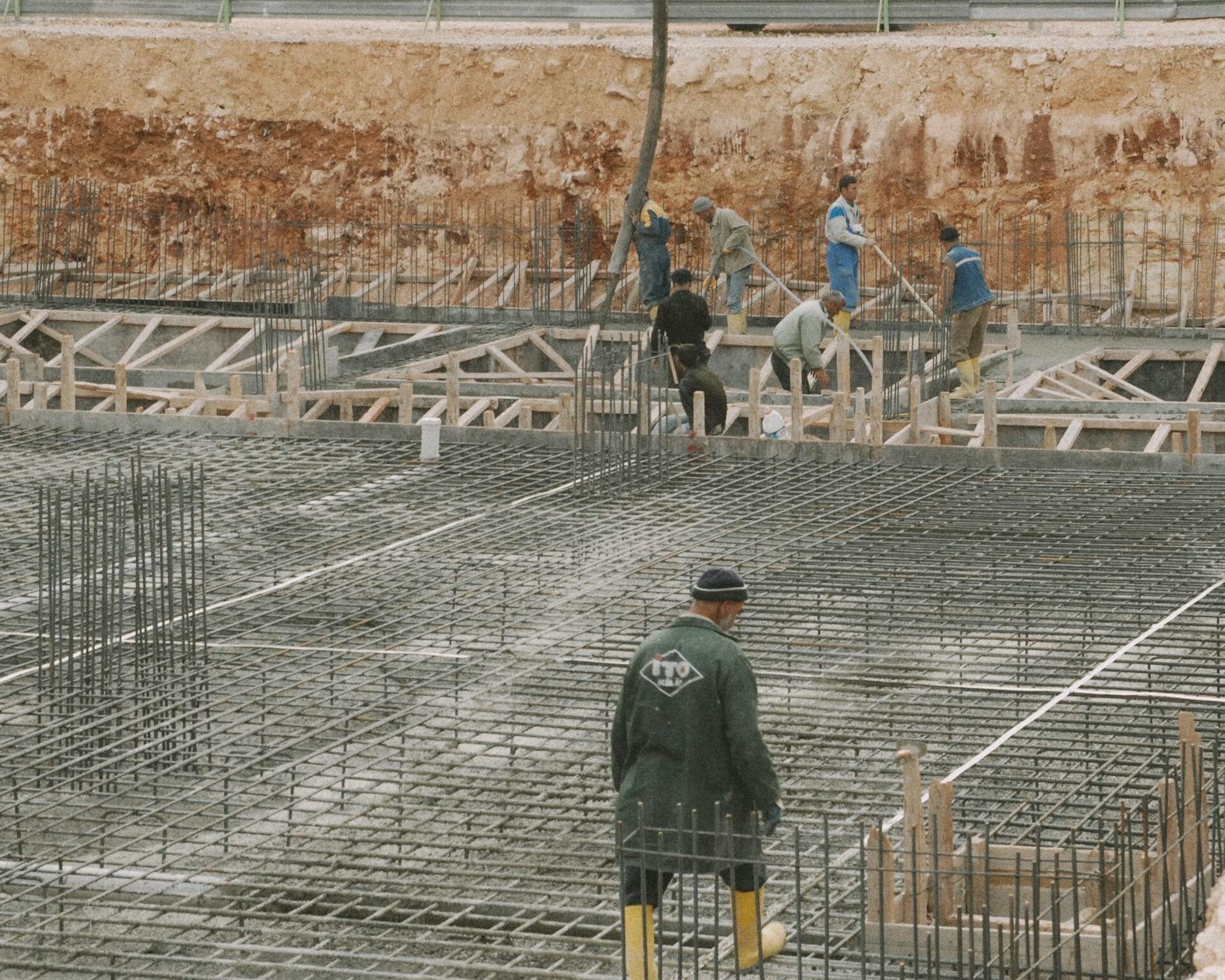 Rebar laid out and tied for a commercial concrete foundation
