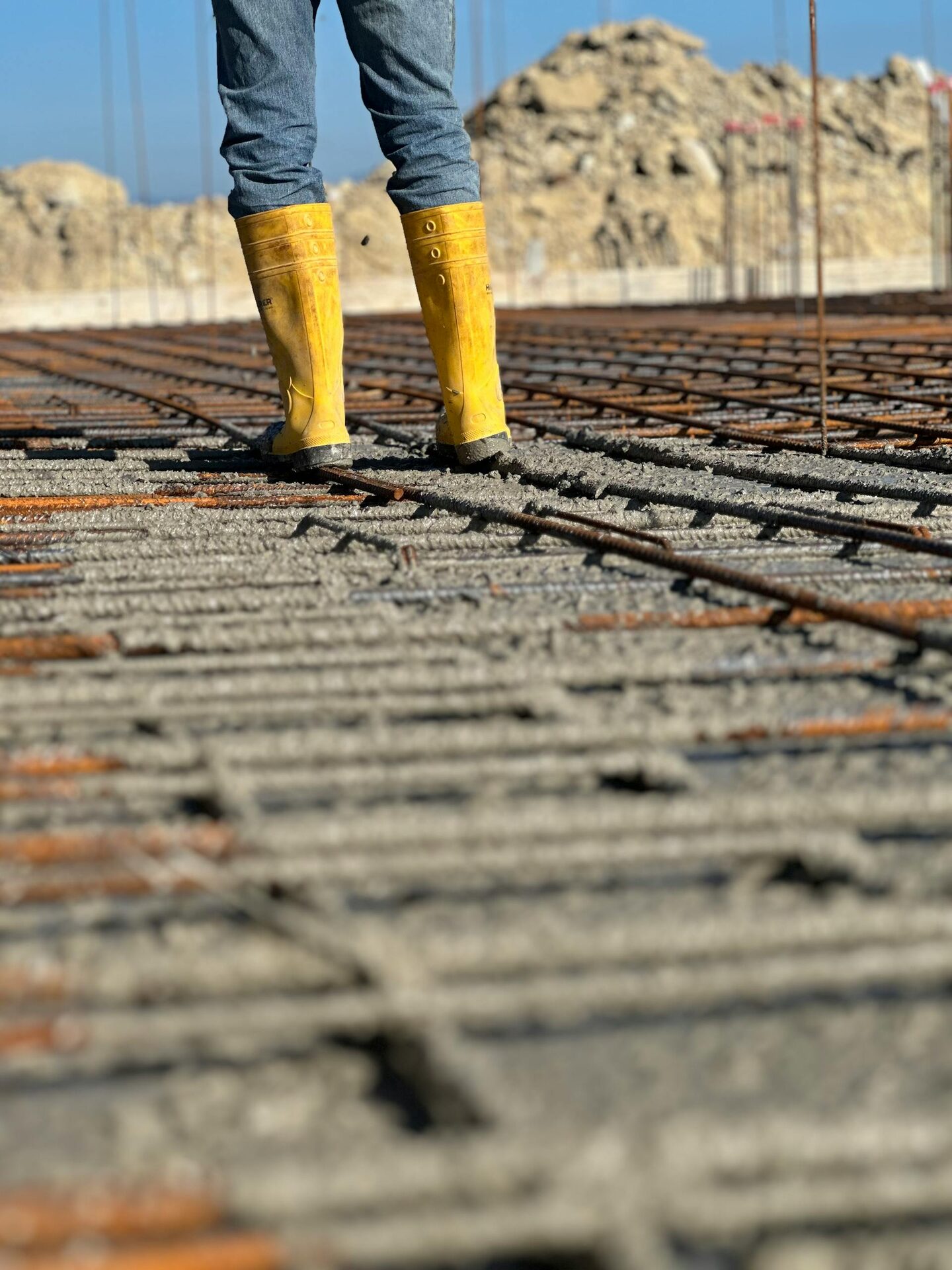 Site work in progress with rebar laid out on a prepared concrete slab area